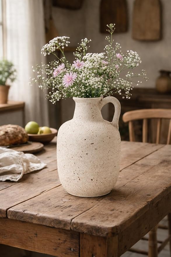 SIDUCAL Rustic Ceramic Farmhouse Flower Vase with 1 Handle-Height 8.43" Terracotta Vase, Unique Textured Pottery Flower Vases for Home Decor, Table, Wedding, Living Room, Shelf Decor, Speckled White