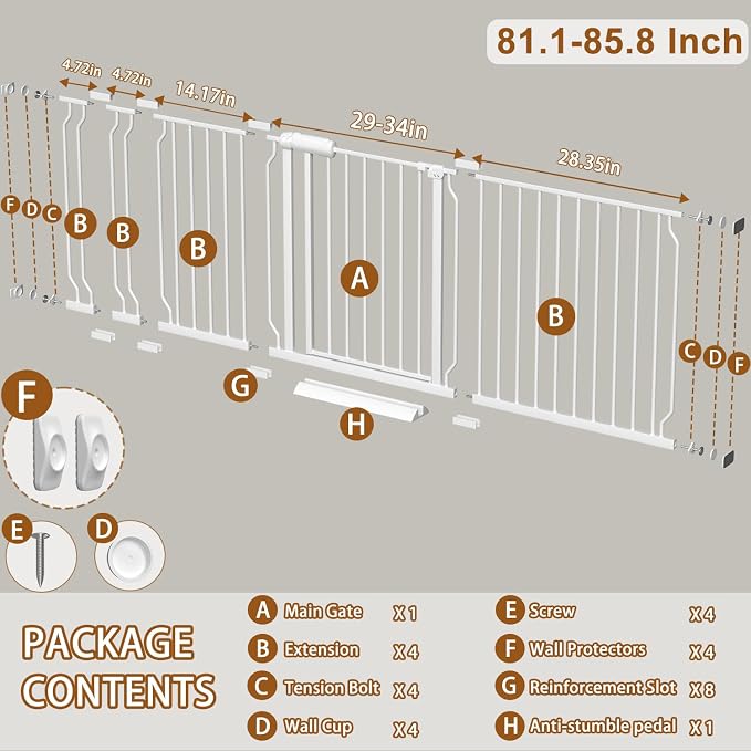 Baby Gate for Doorways Stairs Hallway 81.1-85.8 Inch Wide, Walk Through Child Gates with Pressure Mounted Extention Kit, Indoor Safety Child Gates for Kids or Pets