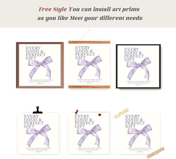 LARTSFRO Coquette Purple Bow Wall Art Decor Posters, Purple Bow Room Bedroom Bathroom Dorm Wall Art Decor Aesthetic for Teen Girls Gifts, Inspirational Bible Verses Bow Wall Decor, 10x10 Inch Set of 4 Pcs Bow Pictures (UNFRAMED)