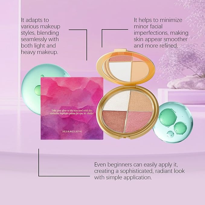 Eye & Cheek Palette - Eyeshadow and Highlighter Makeup, 4-In-1Makeup Palettes Kit, Highlighting Eye & Cheek Palette, Face Highlighter & Glow Blush Palette for Women & Girls
