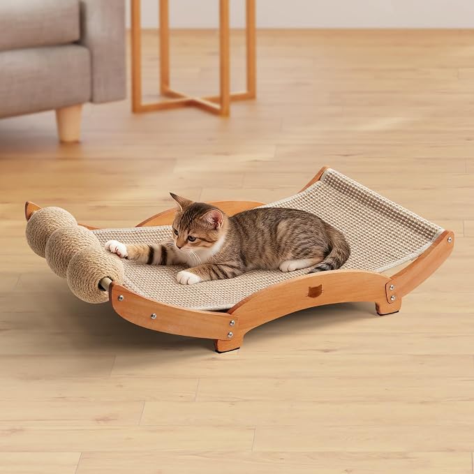 3 in 1 Sisal Cat Scratcher Bed, Solid Pine Cat Scratcher with Balls (Wood) | Extra Large Cat Scratching Post with Hammock, Cat Scratcher for Scratch & Play & Rest, Cat Furniture for Indoor Cats, Kitten