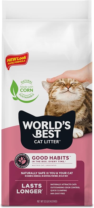World's Best Cat Litter, Good Habits Cat Attract Litter, Unscented, 32 lb | Attracts cats and kittens with plant-based attractant; natural corn litter, quick clumping, flushable, 99% dust free formula
