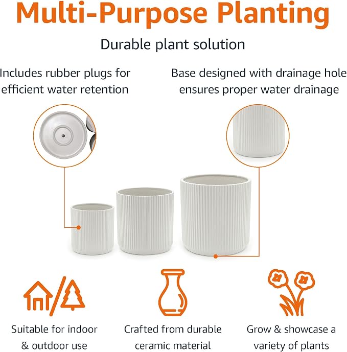 Amazon Basics Fluted Ceramic Planters for Indoor Outdoor Plants, Round Flower Pots with Drainage Hole, Set of 3, 6 inch, 8 inch, 10 inch, White