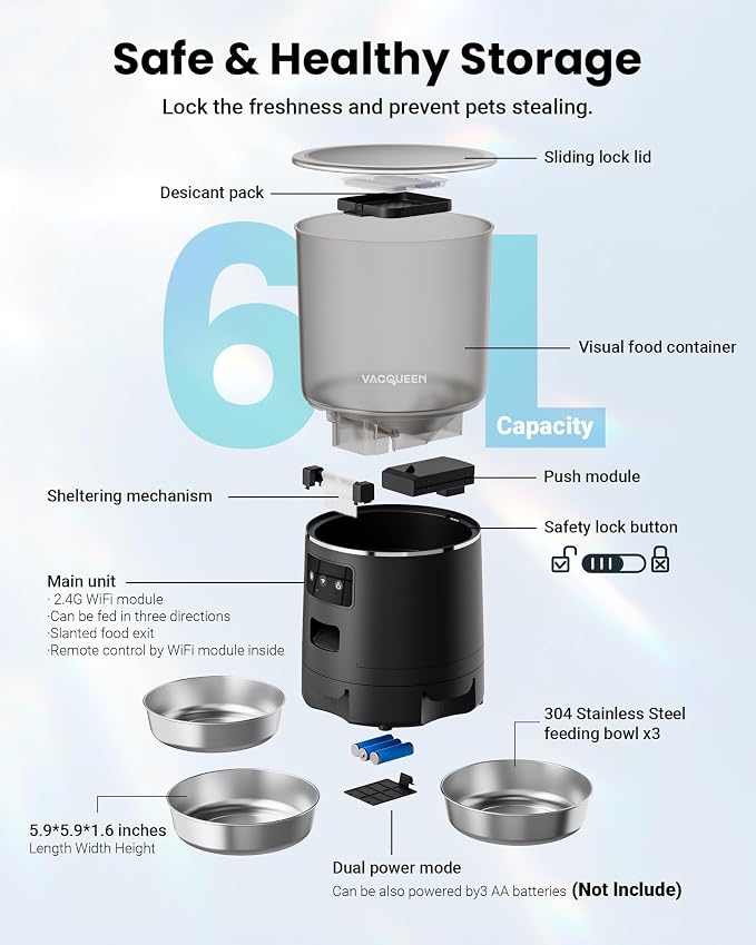 Automatic Cat Feeder with 3 Bowls, Strong Anti-Jam System, Dual-Effect Desiccant, Smart WiFi App Control Pet Feeder, Glossy Black