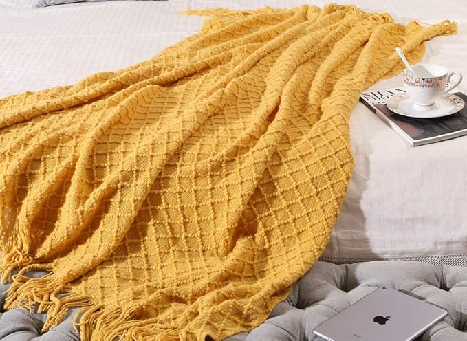 CREVENT Knitted Decorative Throw Blanket for Couch Sofa Chair Bed，Soft Warm Cozy Light Weight for Spring Summer (50''X60'' Mustard Yellow)