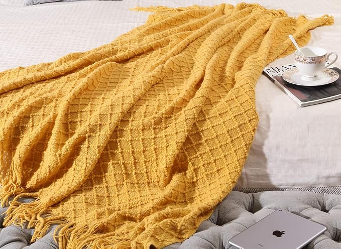 CREVENT Farmhouse Boho Knitted Throw Blanket for Couch Sofa Chair Bed Home Decoration, Soft Warm Cozy Light Weight for Spring Summer Fall (60''X80'' Mustard)