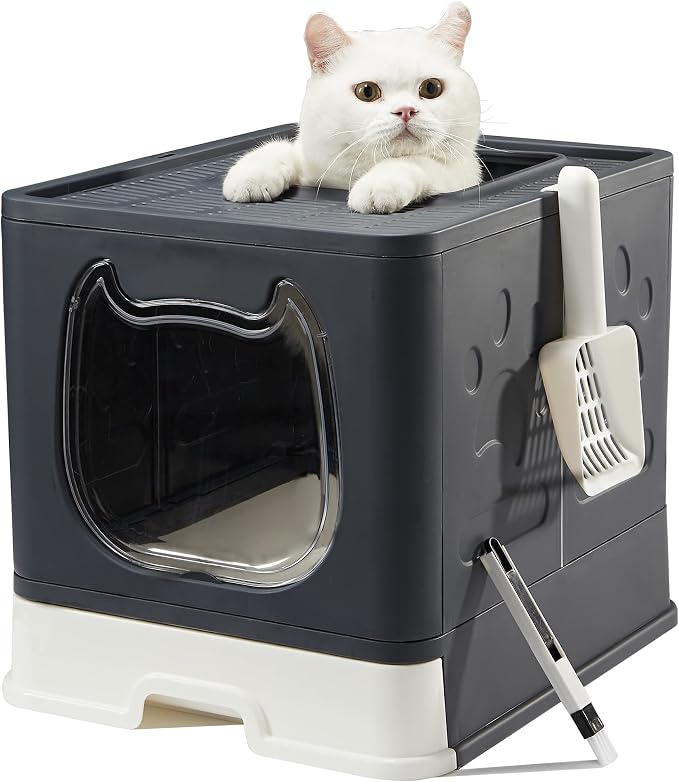 Cat Litter Box with Lid, Foldable Enclosed Covered Top Entry Kitten Litter Boxes for Growing Cats, Drawer Type Kitty Toilet with in/Out Front Door