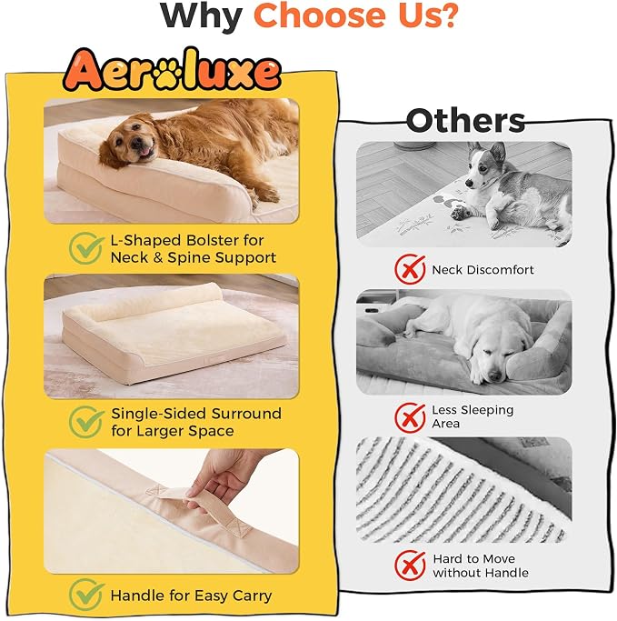 XL Orthopedic Dog Bed for Large Sized Dogs, 42"x30"x7.5", Beige | Waterproof, Washable Cover, L-Shaped Pet Couch, Egg-Crate Foam for Pressure Relief, Portable Handle