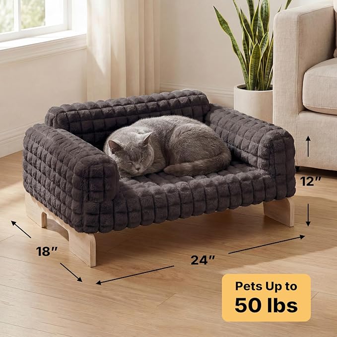 Veehoo Elevated Cat Bed Indoor, Wood Furniture Style Cat Couch Sofa | Indoor cats couch bed, removable washable cover, easy assembly, cozy fluffy cushion