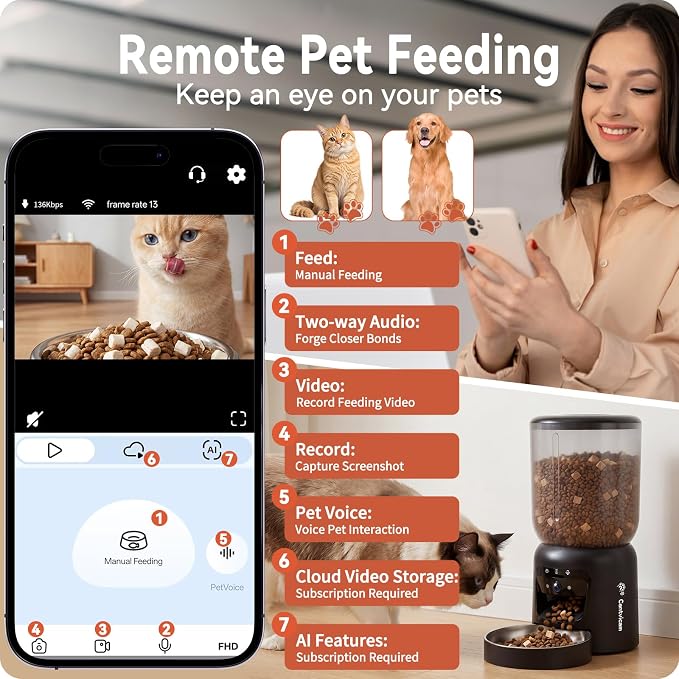 Automatic Cat Feeder with 2K Camera: 5G WiFi Automatic Dog Feeder | Night Vision, Two-way Audio, Voice Recording, 304 Stainless Steel Bowl, 6L Large Capacity, Detachable for Easy Clean -24 Cups