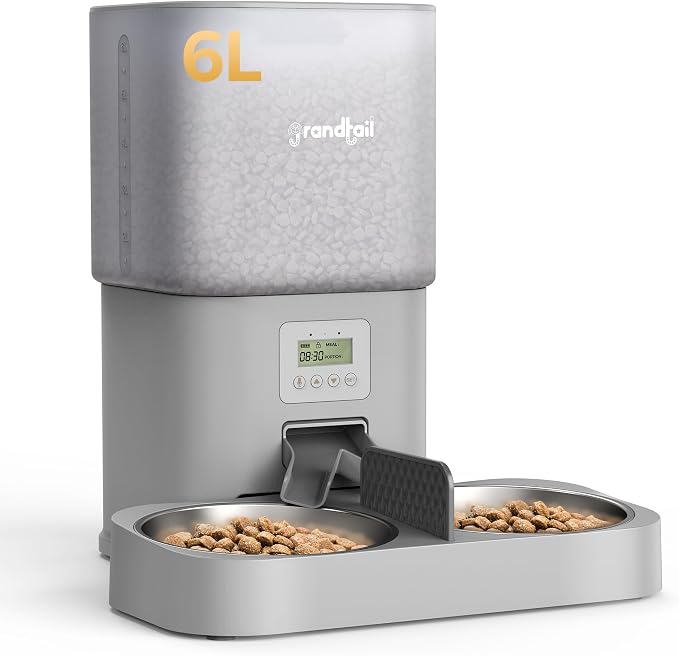 6L Automatic Cat Feeder with Dual Bowls, Button Control, Gray | Schedules 1-4 meals daily with adjustable portions, 10-second voice recording, locking lid, and AC or battery backup power.