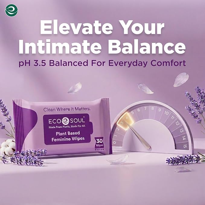 ECO SOUL Plant-Based Feminine Hygiene Wipes (30 Count, Pack of 4) Dermatologist Tested pH Balanced Intimate Cleansing Wipes FSC-Certified Alcohol-Free, Paraben-Free, Fragrance-Free & Hypoallergenic