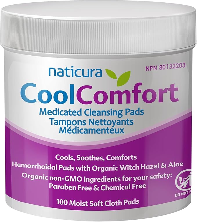 CoolComfort Personal Cleansing Pads with Organic Witch Hazel and Aloe Vera - All Natural and Fast Acting Wipes for Hemorrhoid Burning, Itching, Pain and Swelling - 100 Pads - No Parabens - Made in USA
