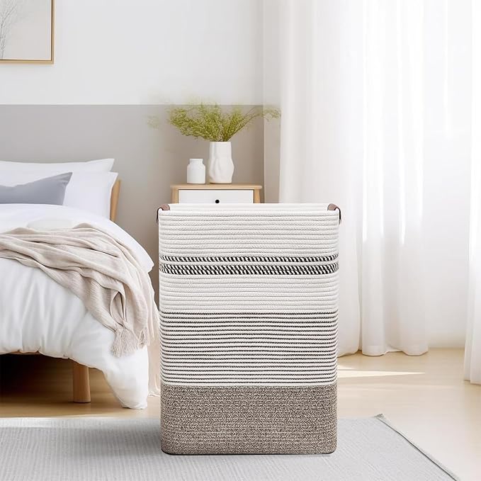 Laundry Hamper, 85L Cotton Rope Laundry Basket, Rice Brown & White | Foldable nursery hamper with leather handles; store blankets, toys, baby clothes and laundry in bedroom or living room
