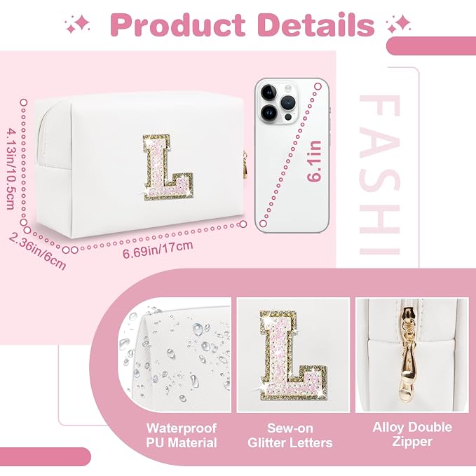 Small Initial Patch Makeup Bag Personalized Gifts Make Up Bag,White Cute PU Leather Glitter Letter Cosmetic Bag with Zipper,Trendy Portable Travel Toiletry Pouch,Preppy Stuff for Teen Girls Women L