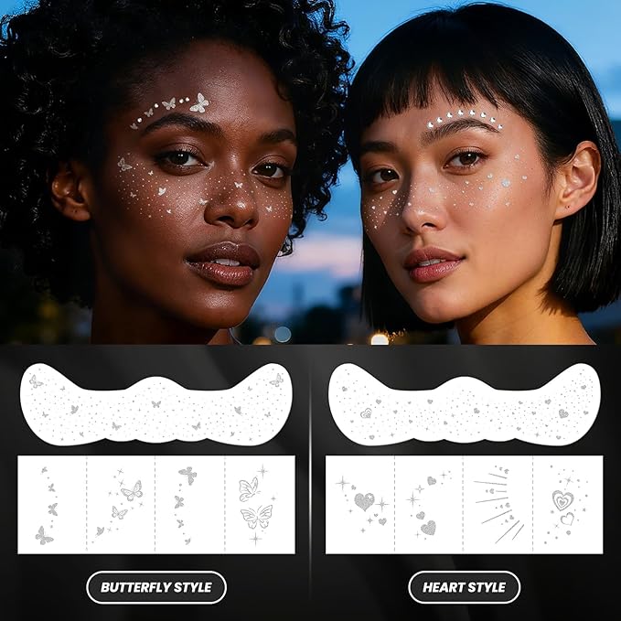 30PCS Glitter Freckles Face Tattoos & Face Gems Set, Multi-Style Silver Glitter Temporary Tattoos Makeup Patches, Fake Freckles Face Glitter for Women’s Rave Outfits & Accessories