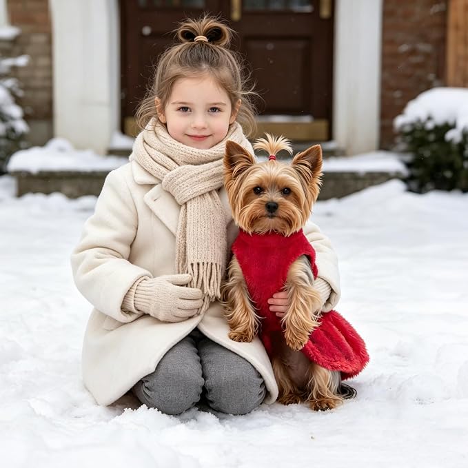 Idepet Winter Dog Dress, Fleece Puppy Pet Skirt Small Dogs Girl Clothes | Warm Coral Fleece, Machine Washable, for Indoor Daily Wear, Outdoor Walking, Halloween Christmas Holiday Gift, Easy On & Off