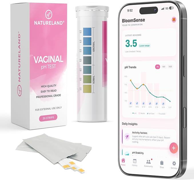 NATURELAND Vaginal pH Test Strips for Women – At-Home BV and Yeast Infection Test Kit, with BloomSense App, Accurate 3.5-6.5 Range, Foil-Sealed (20 Strips)