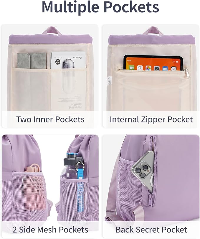 WANDF Drawstring Backpack for Women, Lightweight Gym Bag with Yoga Mat Strap, Water-Resistant String Backpack with Mesh Pocket (Purple, Patent Pending)