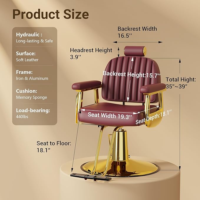 Baasha Burgundy & Gold Reclining Salon Chair - Vintage Hydraulic Barber Chair with Removable Headrest - Heavy Duty All Purpose Styling Chair for Lash, Braiding & Tattoo - Wide Seat, 440 lbs Cap.