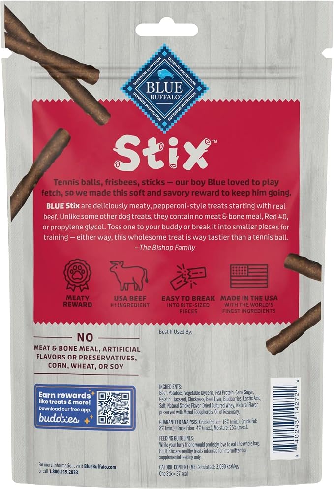 Blue Buffalo Stix Beef Pepperoni-Style Dog Treats, 5 oz | Real Beef #1 Ingredient, Soft & Easy to Tear, Developed by Veterinarians & Nutritionists, Great for Training
