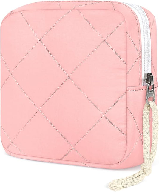 Likesing Quilted Period Bag, Period Pouches for Teen Girls Womens, Portable Nylon Sanitary Napkin Storage Bag Feminine Emergency Tampon Pad Pouch(Pink)