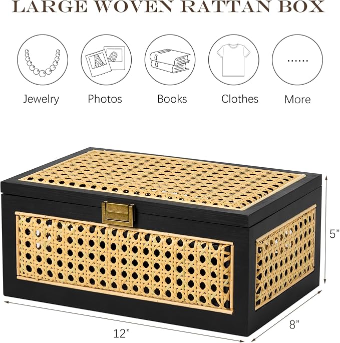 Rattan Storage Boxes Decorative Handmade Natural Wood Baskets | with Lid & Wooden Frame, Boho Rustic Wicker Stacking Woven Cane Bins, Shelf Closet Desk Organizer Container, Black, Large