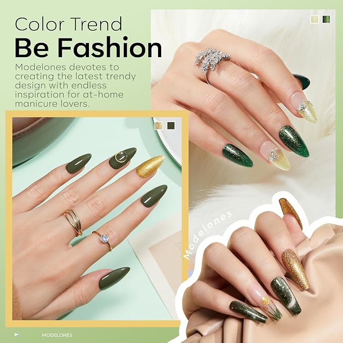Modelones Gel Nail Polish Set, 6 Colors 2026 St Patricks Spring Green Gold Yellow Sparkle Reflective Glitter Gel Polish Dark Green 9D Cat Eye Nail polish with Magnet Soak Off LED Nail Art Kit DIY Gift
