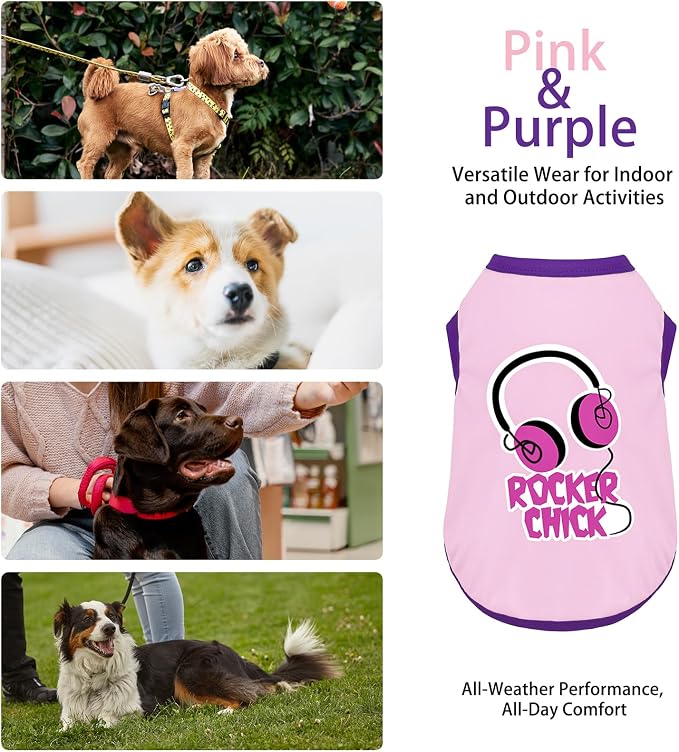 Color-Blocked Dog Tank Top with Playful Heat Transfer Designs – Lightweight Polyester Shirt for Small,MediumDogs, Perfect for Casual Outings.Rocker Chick Light Pink S