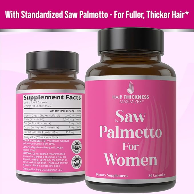 Saw Palmetto for Women + Biotin, Zinc, Copper, & Vitamin D. Women's Hair Growth Supplement. Clean, Non-GMO, Vegan Hair Vitamins with Standardized Saw Palmetto