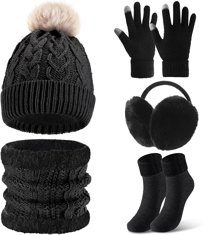 SATINIOR 5 Pcs Winter Hat Scarf Gloves Set Fleece Warm Lined Knit Beanie Hat Touch Screen Earmuff Gloves Warmer for Women(Black,Vivid Style)