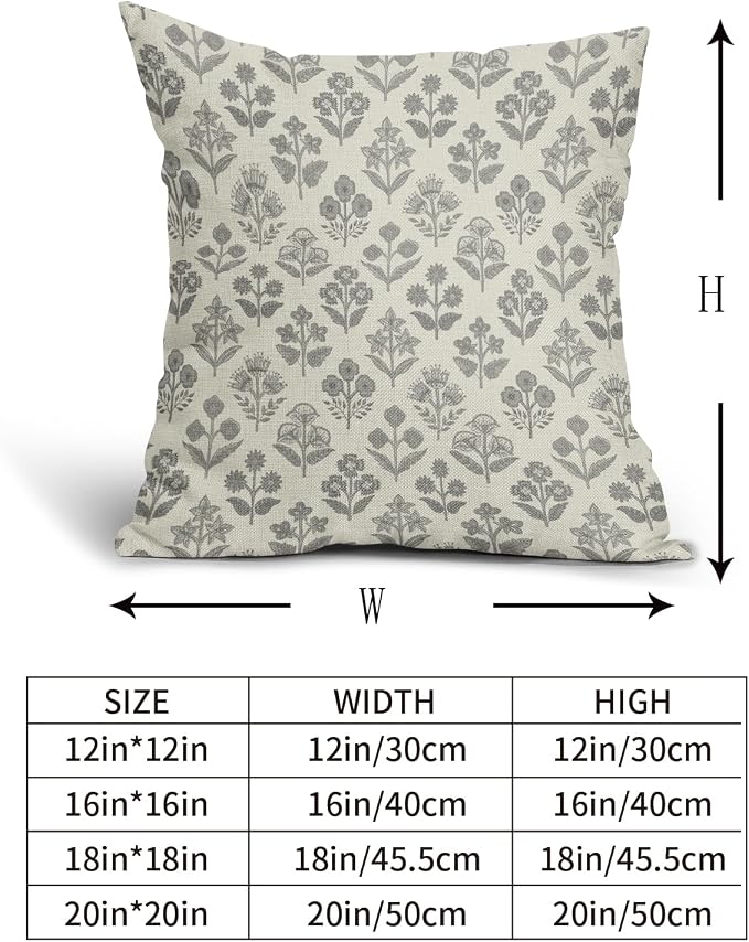 Grey Gray Floral Pillow Covers 22x22 Inch Set of 2, Vintage Flower Block Print Pattern Decorative Throw Pillowcases Outdoor Farmhouse Cushion Covers Spring Summer Rustic Sofa Couch Bed Decor