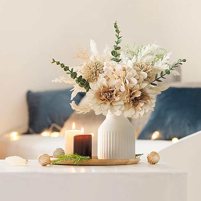 Mkono Fake Flowers in Ceramic Vase, 14" Coffee Table Centerpieces, Brown | Table Decor with vase, Small Silk Faux Artificial Flower Arrangements, Fits Bathroom Dining Room Kitchen Home Indoor Decor