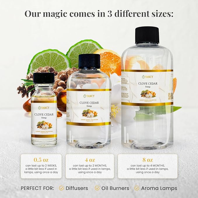 YANCY Clove Cedar Luxury Collection Fragrance Oil (8 oz), Earthy Clove and Cedarwood Aroma, Versatile Scent for Diffusers, Oil Burners & Aroma Lamps, Grounding Fragrance for Cozy Vibes