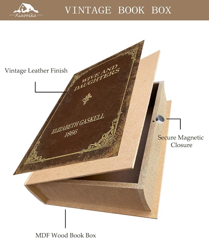 Vintage Faux Leather Decorative Book Box Set of 3 – Wooden Secret Storage Box with Magnetic Closure, Hidden Organizer for Bookshelf, Desk, or Office Decor (Classic Literature)