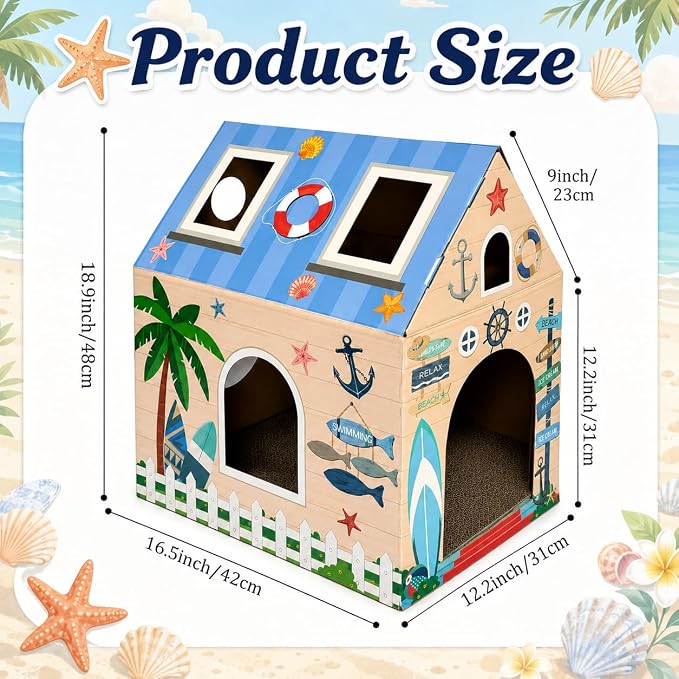 Cinrobiye Cardboard Cat House with Scratcher, Indoor Cat Condo Cat Cave Hideout with Scratch Pad, Cardboard Cat Playhouse Bed for Cats, Kittens, Rabbits & Small Pets (Seaside)