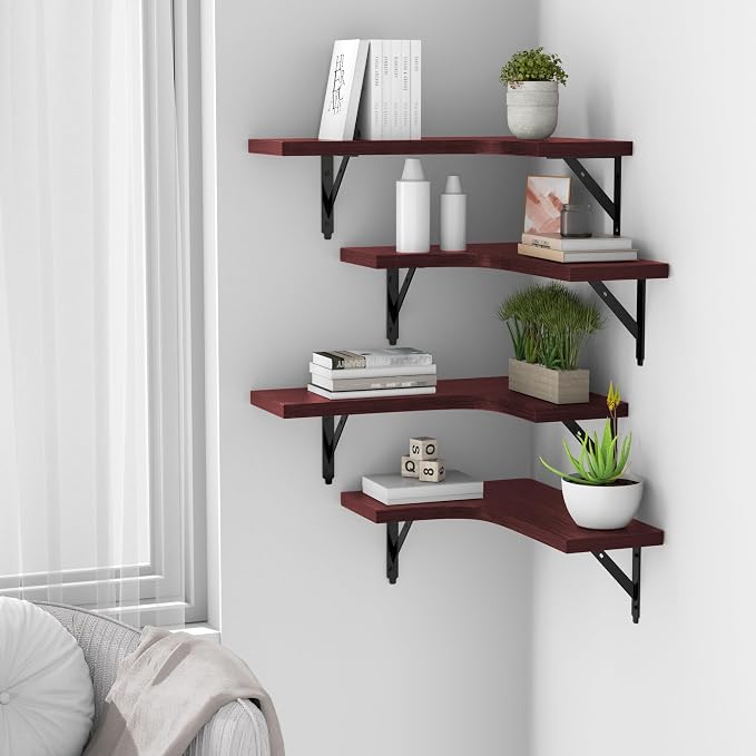 ROMGUAR CRAFT Corner Floating Shelves Wall Mounted Set of 4, Rustic Wood Storage Display Shelves for Home Decor, Bathroom, Kitchen, Bedroom, Living Room, Office (Red)