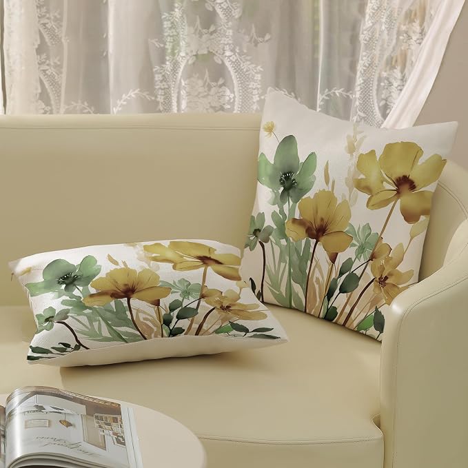 Floral Pillow Covers 16x16 Inch Set of 2 Sage Green Yellow Floral Throw Pillow Cover Outdoor Modern Spring Summer Flower Decoration Pillowcase Farmhouse Decorative Cushion Cover For Home Couch