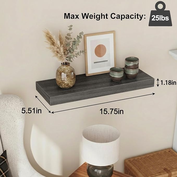 Fixwal Floating Shelves for Wall Decor (Grey, Set of 4, 15.7 Inch) | MDF Shelves with Metal Brackets, Space Saving for Books, Decor, Works in Bathroom, Kitchen, Living Room, Bedroom