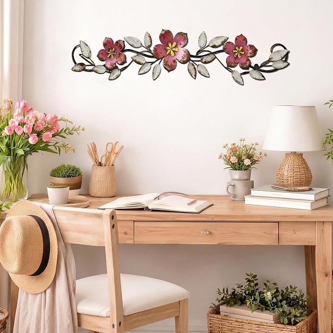 Wesiti Metal Flower Wall Decor Vintage Metal Flower Wrought Iron Scroll Sculpture 15.7''x3.7'' Not 3D, Flat Farmhouse Leaf Wall Decor with Nails for Summer Bedroom Kitchen Indoor Outdoor(Pink)
