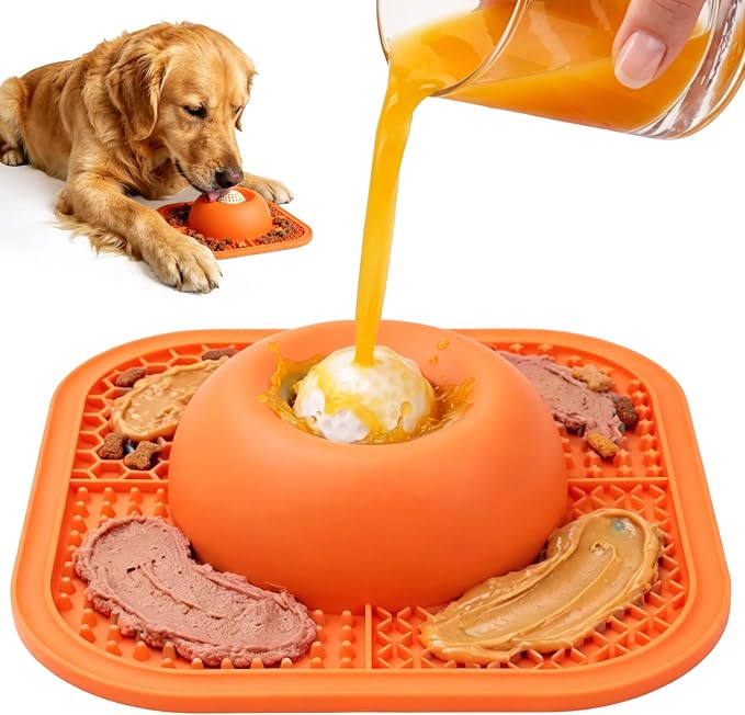 Slow Feeder Dog Bowls & Lick Mat for Liquid and Thick Treat, Anti-Slip Dog Lick Bowl with Interactive Rolling Ball, 5/6 Cup Pup Licking Toy for Large Medium Small Dogs and Cats-Large Orange