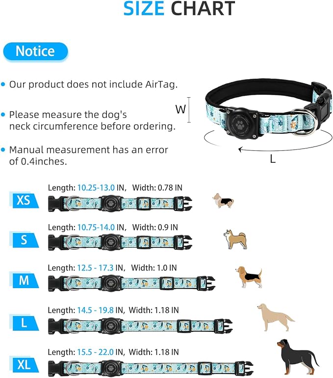 Upgrade Dog Collar with AirTag Holder, IP68 Waterproof, Blue Meadow, M | Built-in Water Resistant AirTag holder, 1000D Nylon, Reflective Stitching for Night Visibility, Soft padding for Comfort
