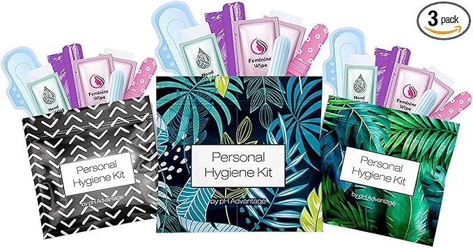 3 x Menstrual All-in-One Kits - Assorted Colors | Convenience on The Go | Single Period Kit Packs | Individually Wrapped Feminine Hygiene Products (Black Treads/Blue Forest/Green Ferns)