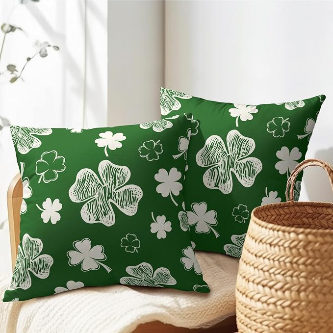 Kawani St Patricks Day Pillow Covers Set of 2, 20x20 Inch Green White Shamrock Lucky Clover Decorative Cotton Linen Throw Pillowcases for Couch Sofa Bedroom Livingroom Holiday Decor