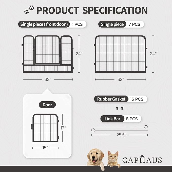 CAPHAUS 24/32/40 Inch Height Bold Metal Foldable Heavy-Duty Pet Playpen with Door, Available in 8/16/24/32 Panels Indoor/Outdoor Portable Kennel, Dog/Animals Exercise Fence Cage for Yard, RV, Camping