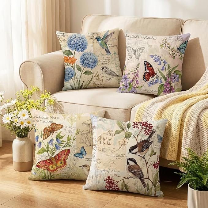 wyooxoo Farmhouse Pillow Covers 20x20 Set of 4 Spring Summer Throw Pillow Covers Linen Flower Butterfly Bird Decorative Pillowcases for Sofa Couch Living Room Outdoor