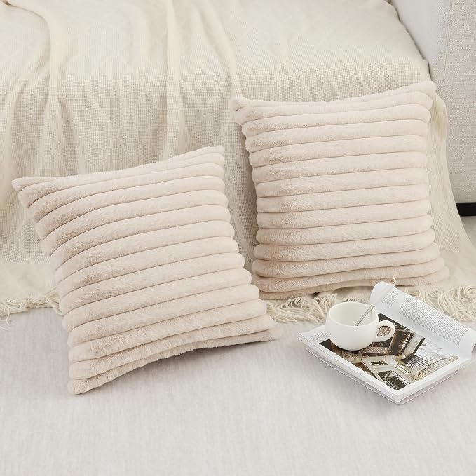 Pallene Faux Fur Decorative Throw Pillow Covers 16x16 Set of 2, Apricot | Luxury Plush Texture, Striped Design, Cozy Soft Touch, Modern Home Accent Decor for Couch, Sofa, Bed, Living Room