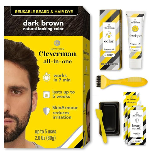 Cleverman Dark Brown Hair & Beard Dye Kit for Men - Natural-Looking Gray Coverage, Professional-Quality, Ammonia-Free for Hair, Beard & Mustache