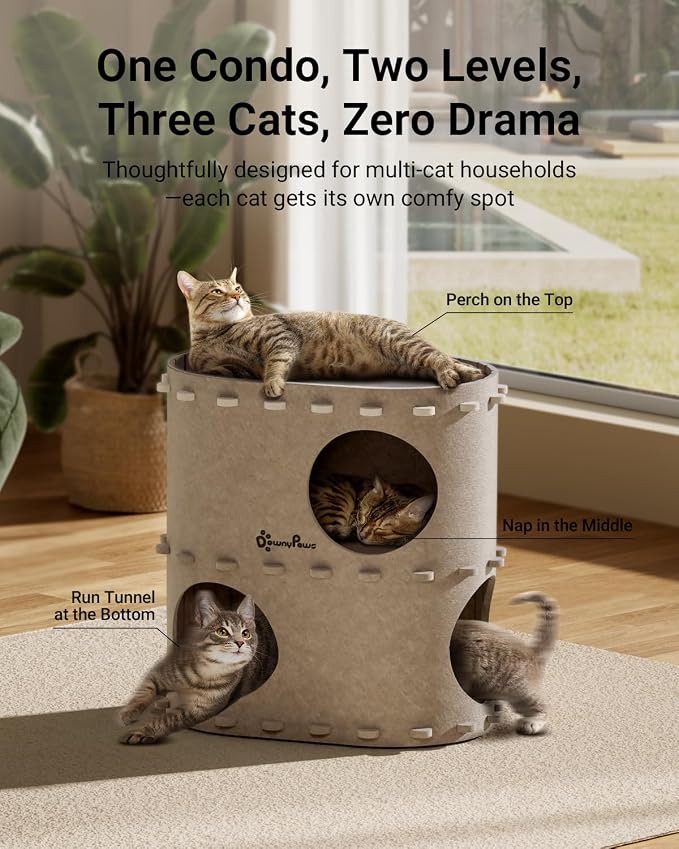 DownyPaws Cat House for Indoor Cats, 2-Storey Cat Bed Cave, Cream | Cat Hideaway Enclosed Bed,Cave Hideout Fort,Kitten Houses for Large Cats,Hide Box Bed Multicats Scratch Resistant