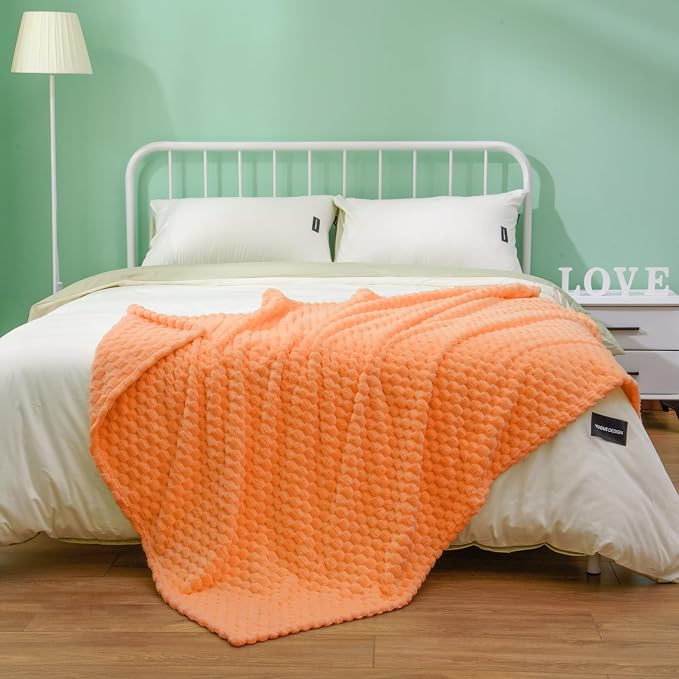Excervent Hexagon Jacquard Throw Blanket for Bed, 50x70 Inches, Orange | Decorative Fuzzy Flannel Fleece Throw Blanket for Sofa Bed Couch, Super Soft Cozy, Suitable for All Seasons